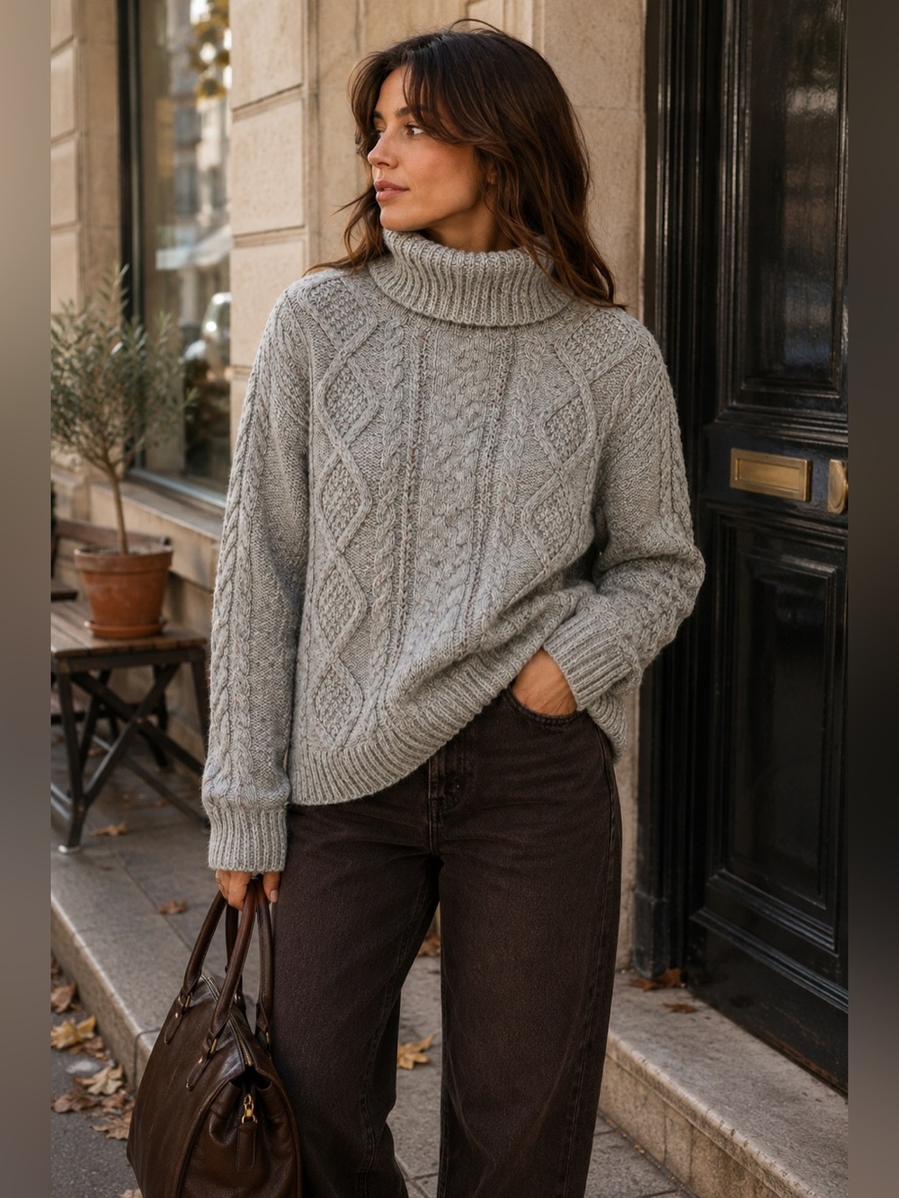 Gray Aran Style Cable Knit Turtleneck Fisherman Sweater Lands’ End